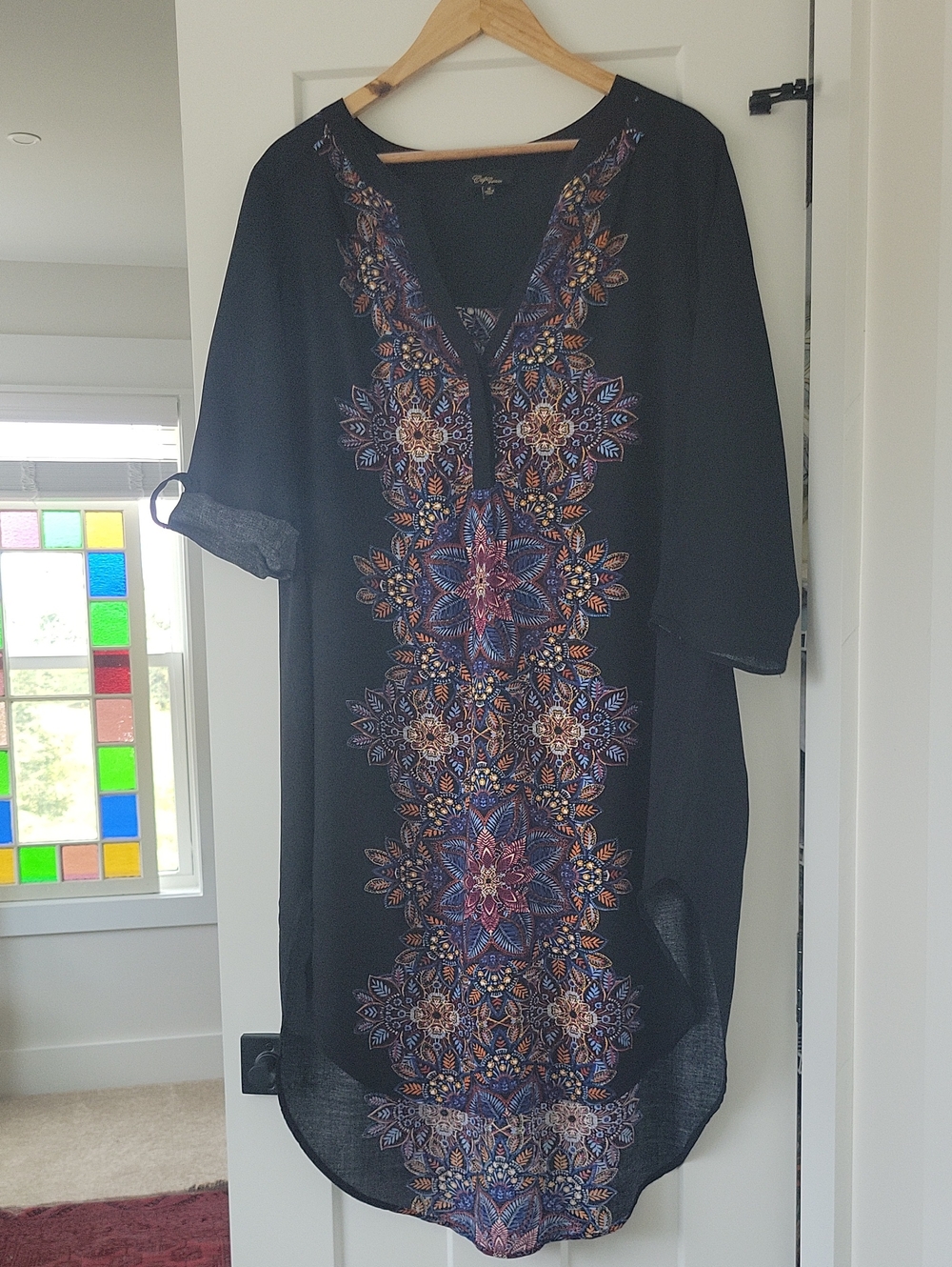 Cupio Black Swim Suit Cover- Up/ Tunic with Multicolor Print Medallion Panel